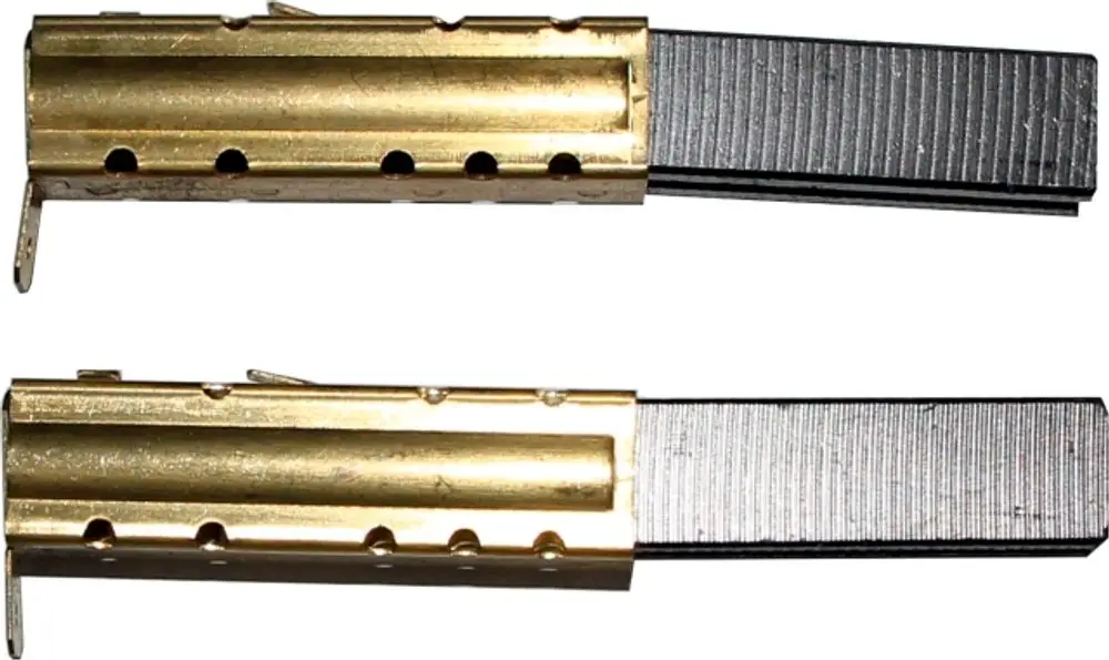 Kohlebürsten im Metallgehäuse, mit einer goldfarbenen und einer schwarzen Oberfläche, für die Saugturbine von Wolf.